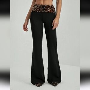 SHEIN Black Flare Pants with Leopard Print Waist Fold-Over Waist